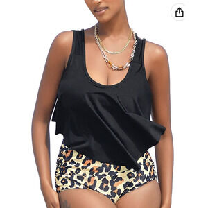 12Crazy Built in Bra Ruffle Flounce Swimsuit L Large Black Padded Crop Beach